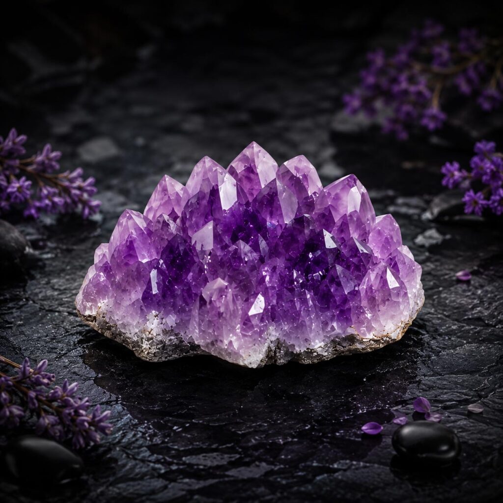 Close-up of a natural purple amethyst crystal cluster placed on a dark glossy stone surface with soft purple flowers in the background, creating a calm and mystical crystal healing atmosphere.